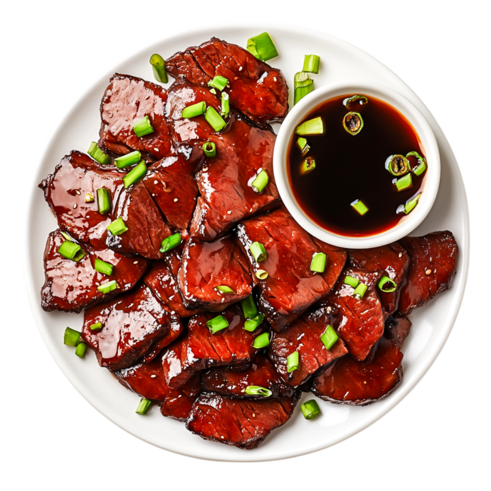 Deliciously Glazed Beef Slices with Green Onions and Soy Sauce Dip png