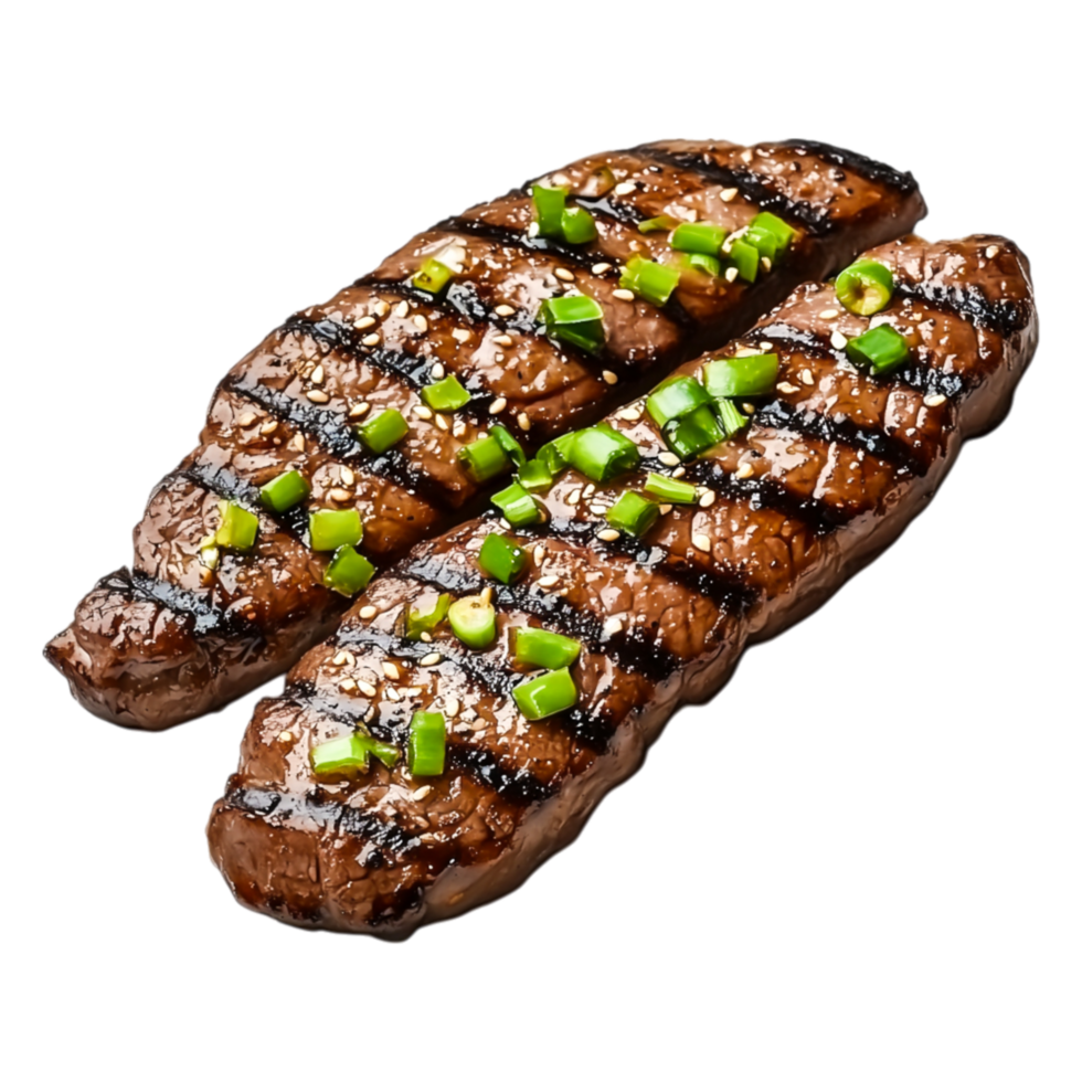 Grilled Beef Steak with Green Onions on Wooden Serving Board png