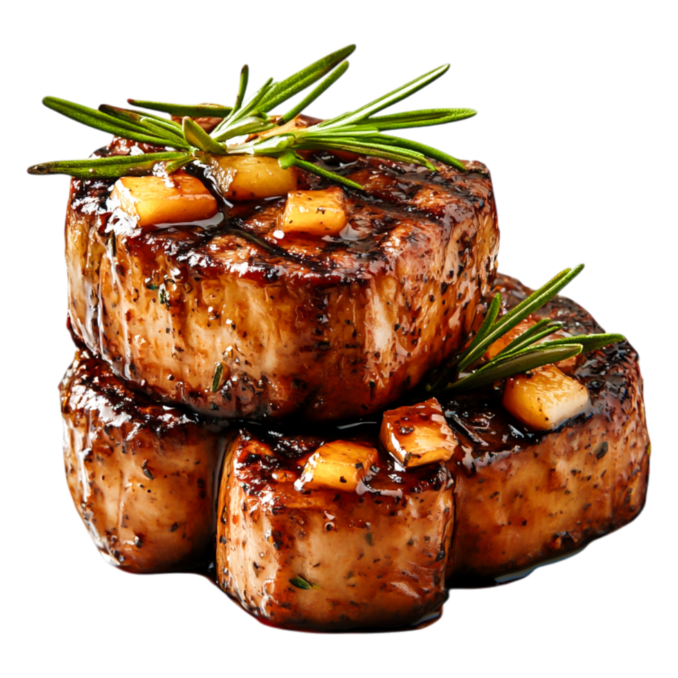 Juicy Grilled Meat Steaks Garnished with Herbs and Pineapple Chunks png