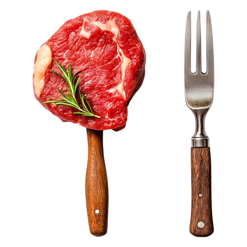 Fresh Raw Ribeye Steak with Rosemary Sprig and Metal Fork on png