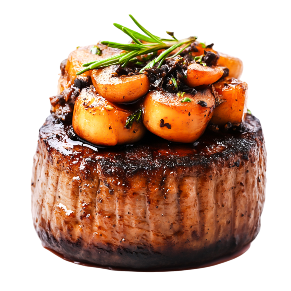 Delicious Gourmet Beef Tenderloin Steak with Garlic Mushrooms and Herbs png