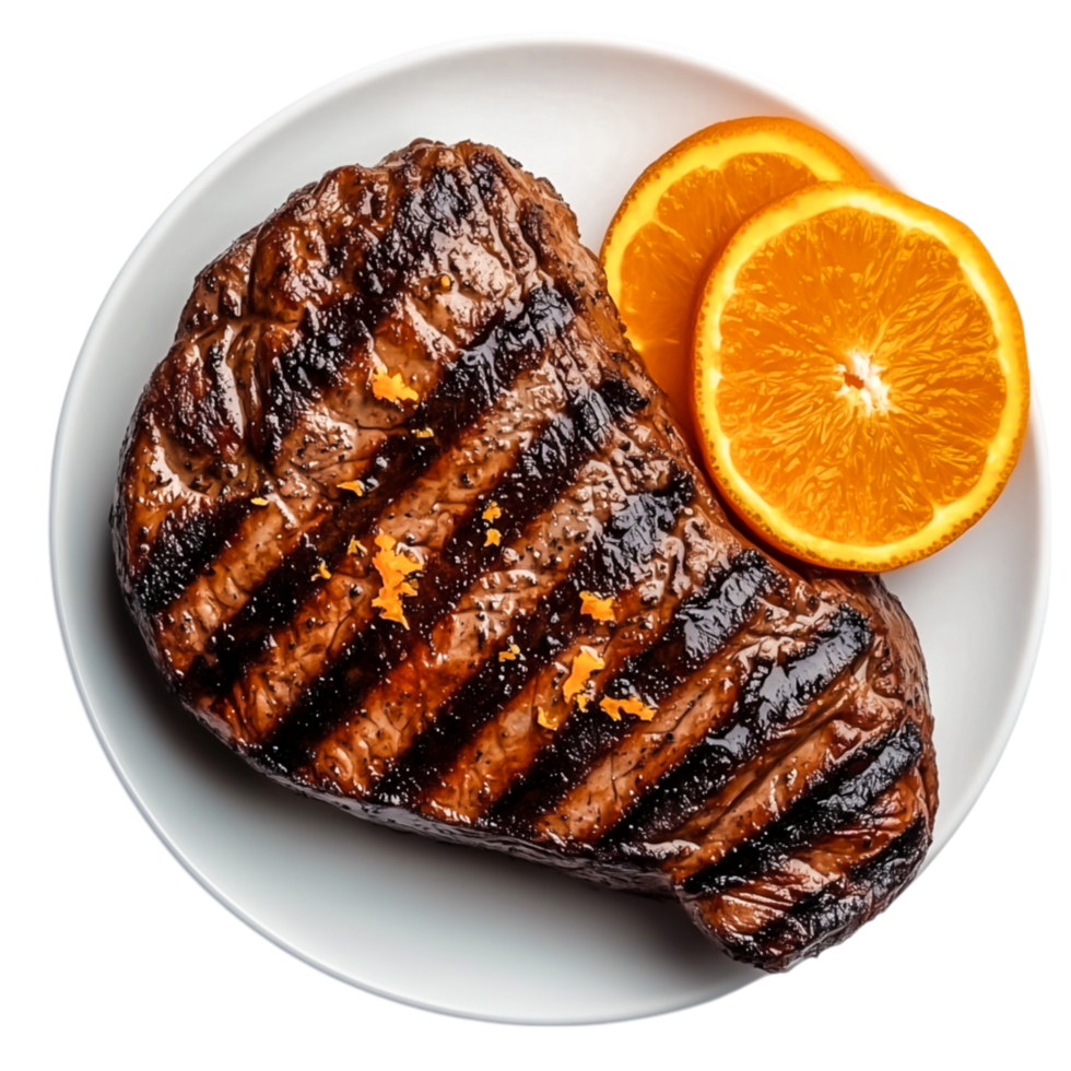 Grilled Steak with Orange Slices on White Plate Garnished with Citrus Zest png