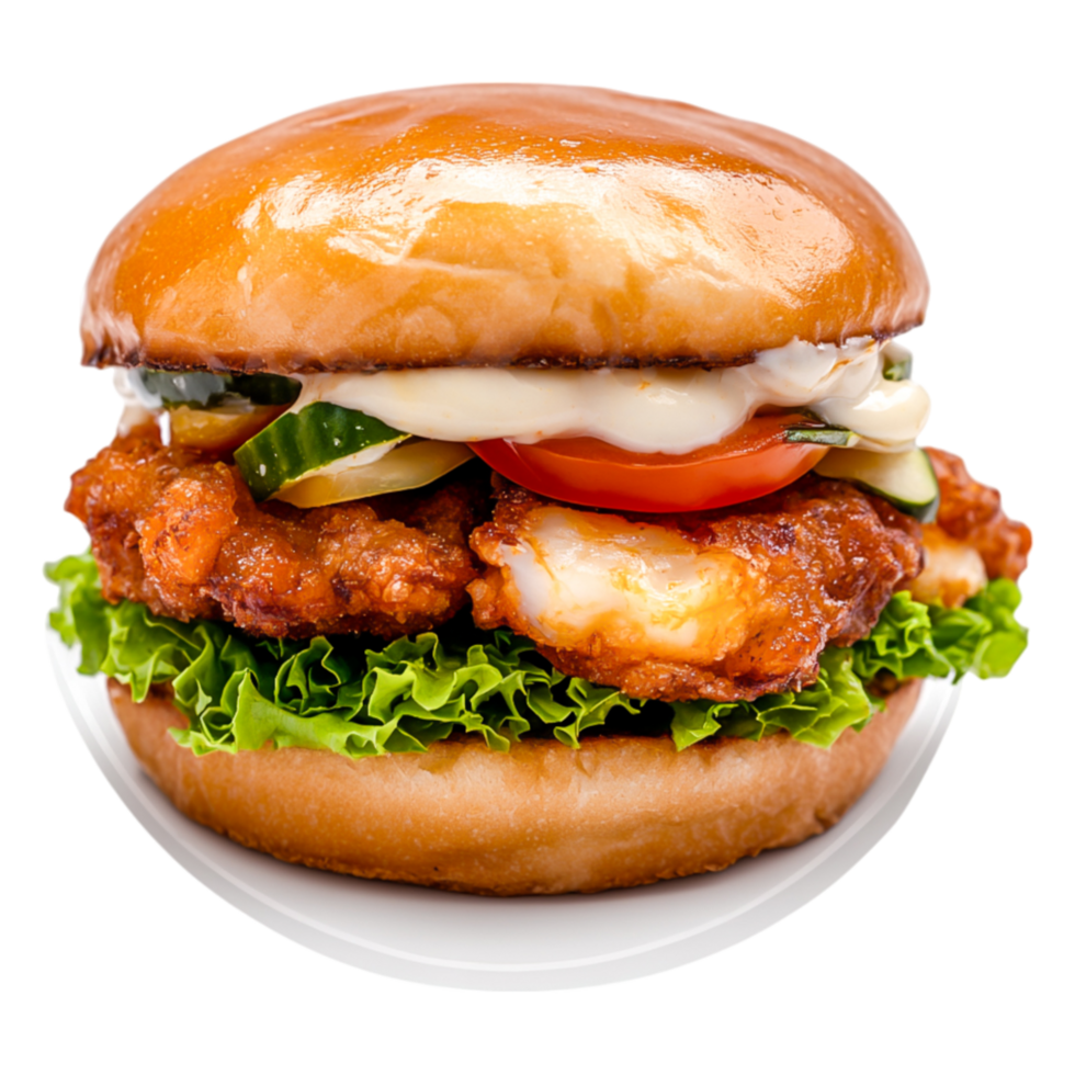 Crispy Chicken Sandwich with Fresh Vegetables and Creamy Sauce on Bun png