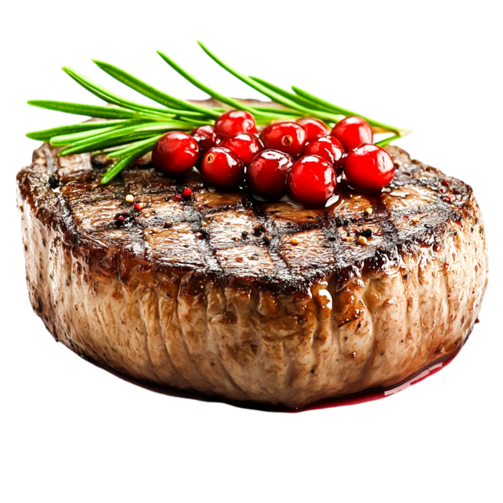 Juicy Grilled Steak with Fresh Cherries and Green Onions on png