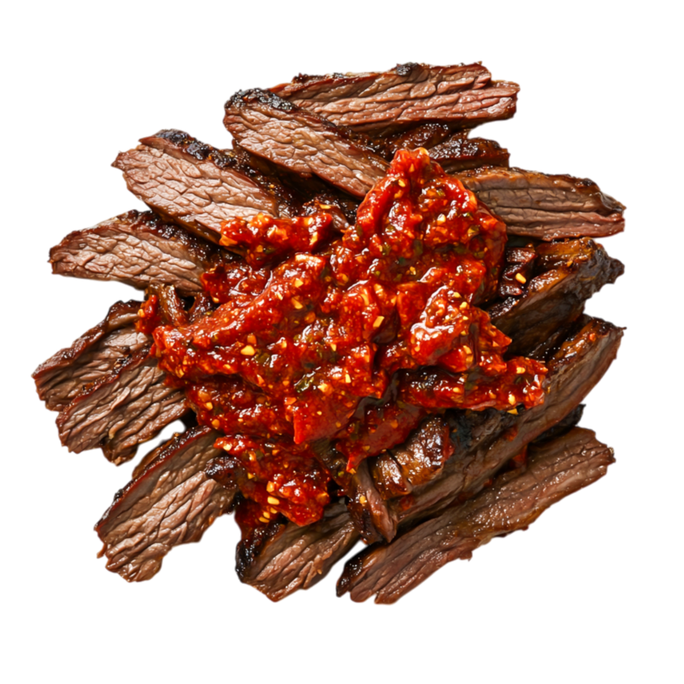 Savory Grilled Beef Served with Rich Tomato-Based Sauce on Wooden Board png