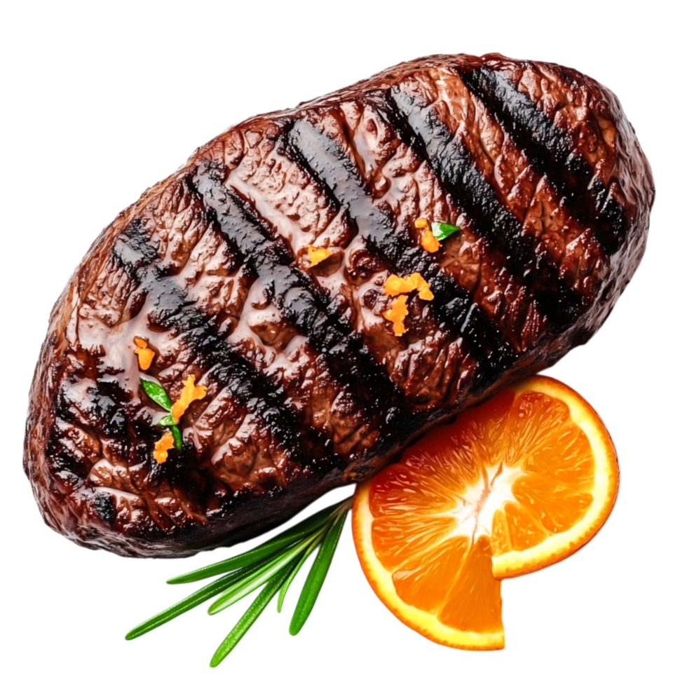Grilled Steak with Citrus Garnish on Isolated png