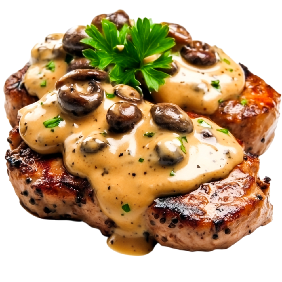 Juicy Grilled Steak with Creamy Mushroom Sauce and Fresh Parsley Garnish png