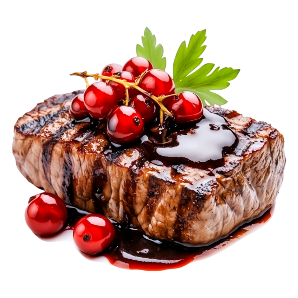 Grilled Beef Steak Garnished with Red Currants and Fresh Green Parsley png