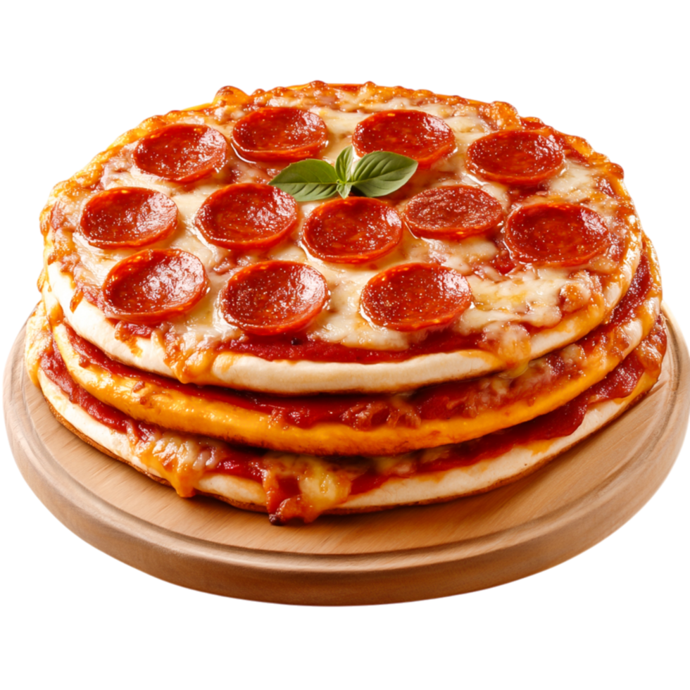 Delicious Pepperoni Pizza Stacked on Wooden Plate with Fresh Basil Leaf png