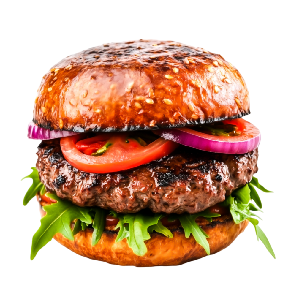 Juicy Burger with Fresh Toppings Soft Sesame Seed Bun png