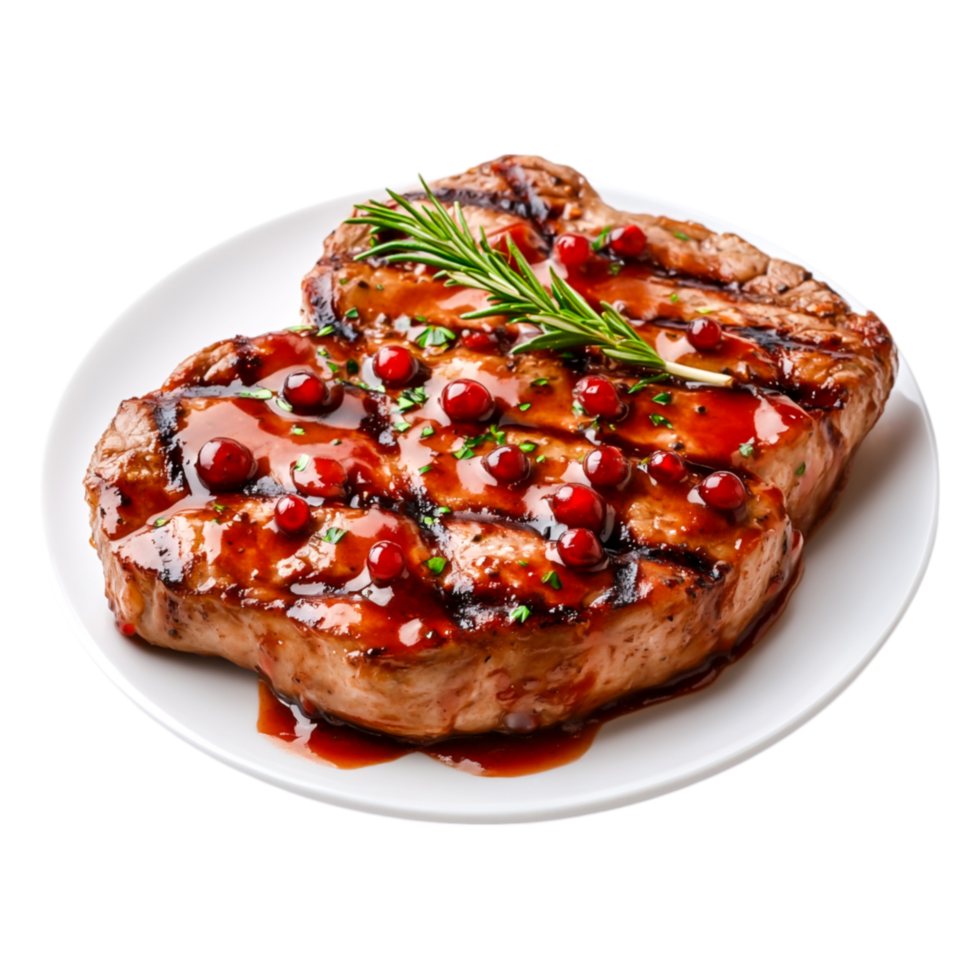 Grilled Meat with Sauce Garnished with Herbs and Berries on White Plate png