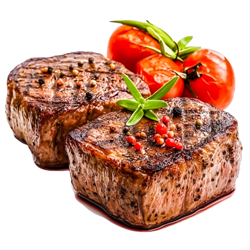 Juicy Grilled Steak with Fresh Tomatoes and Green Herb Garnish png