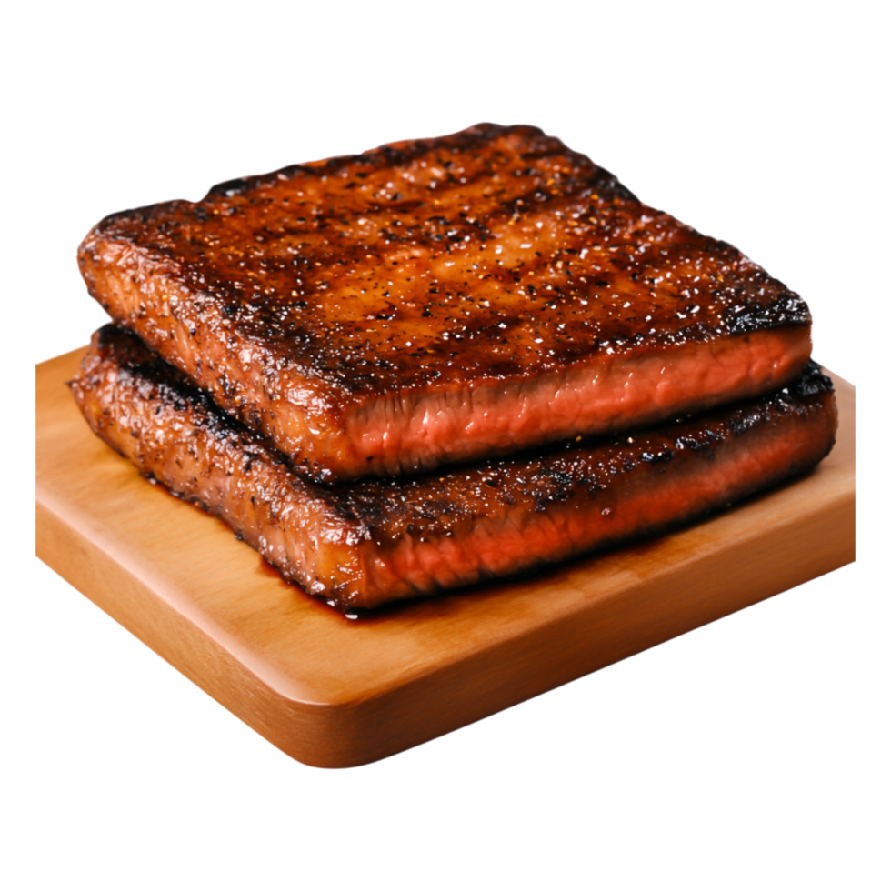 Grilled Meat Slice on Wooden Board with Smoky Flavor and Juicy Texture png