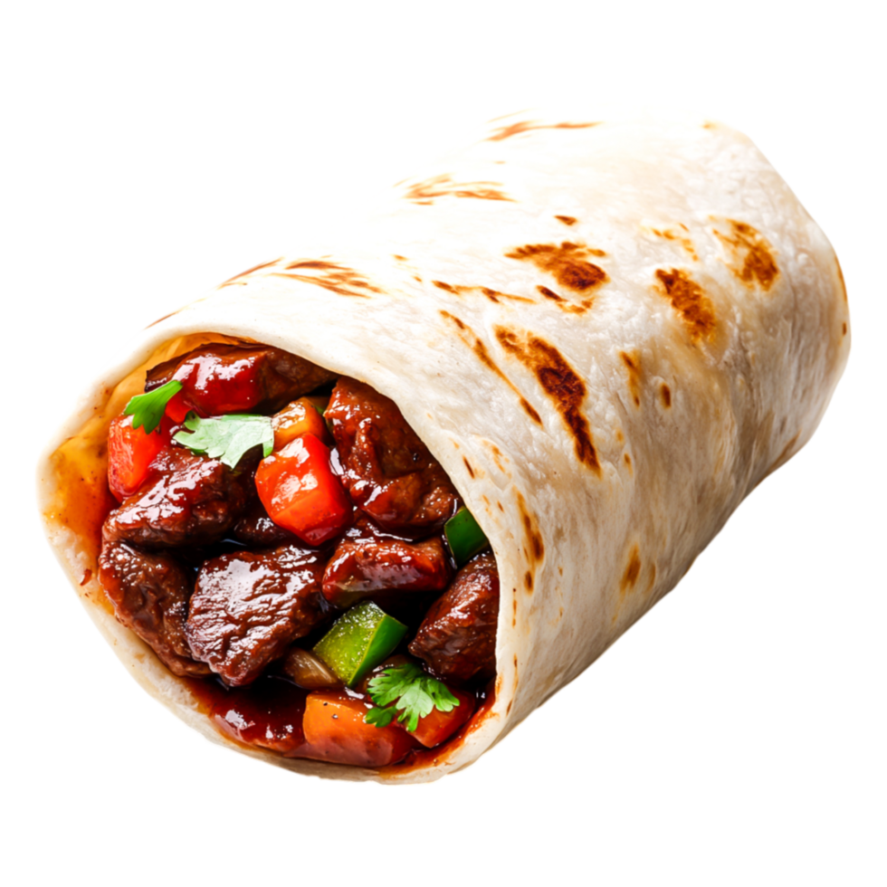 Delicious Beef Burrito Wrapped in Fresh Tortilla with Colorful Vegetables png