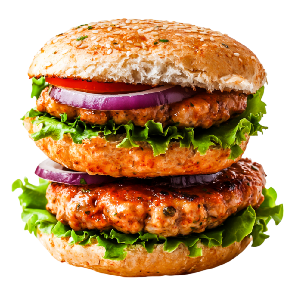 Delicious stacked burger with fresh lettuce, tomatoes, and red onions png