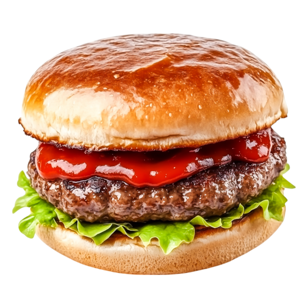 Delicious Juicy Burger with Lettuce and Ketchup Soft Bun png