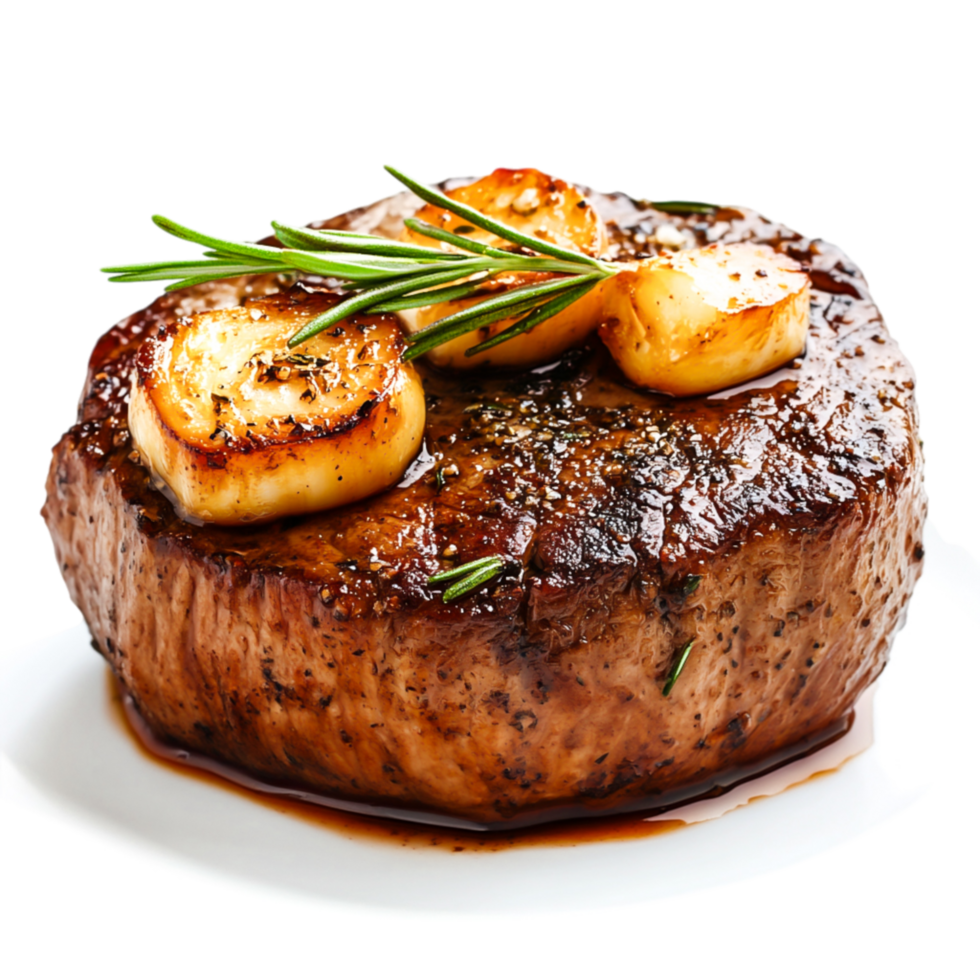 Delicious Grilled Steak with Garlic and Fresh Herbs on White Plate png