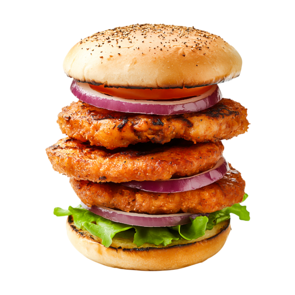 Delicious stacked burger with crispy chicken patties, onion, and lettuce png