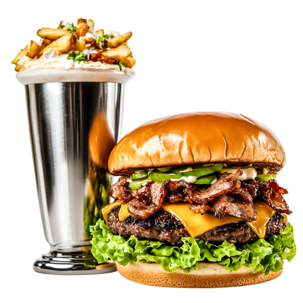 Delicious Beef Burger with Bacnd Cheese Accompanied by Milkshake png