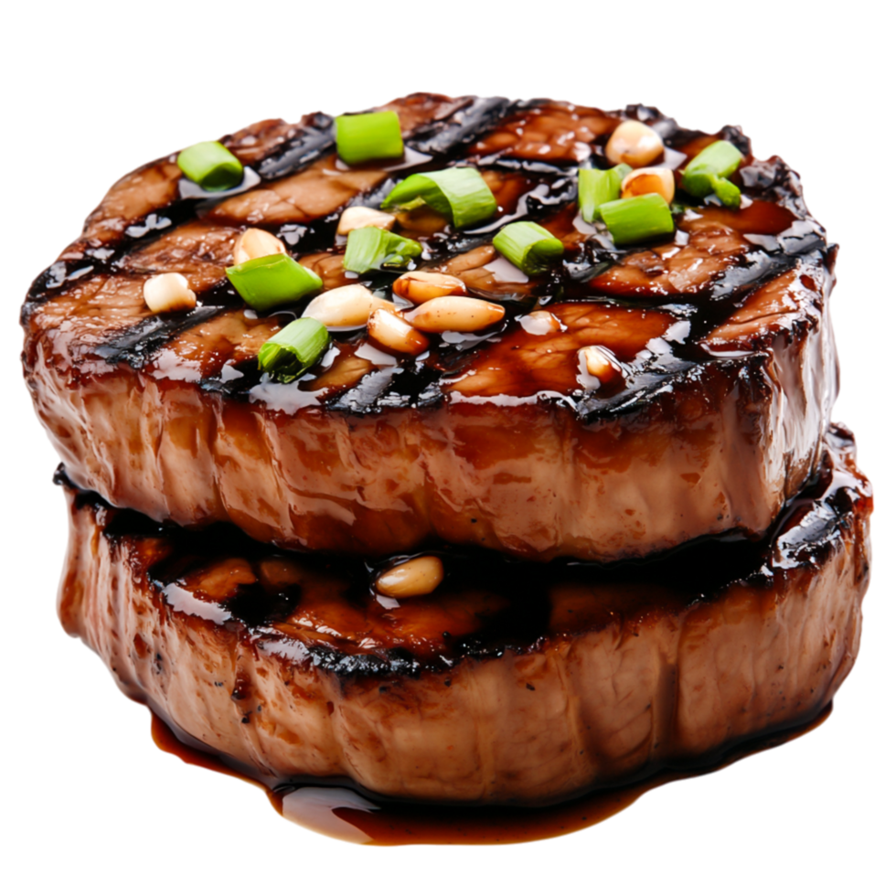 Grilled Meat Steak with Garnish of Chopped Green Onions and Sauce png