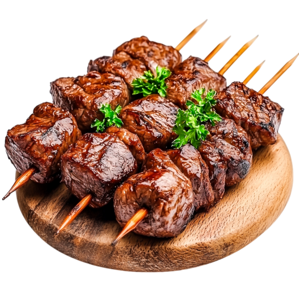 Savory Grilled Beef Skewers Garnished with Fresh Parsley on Wooden Plate png