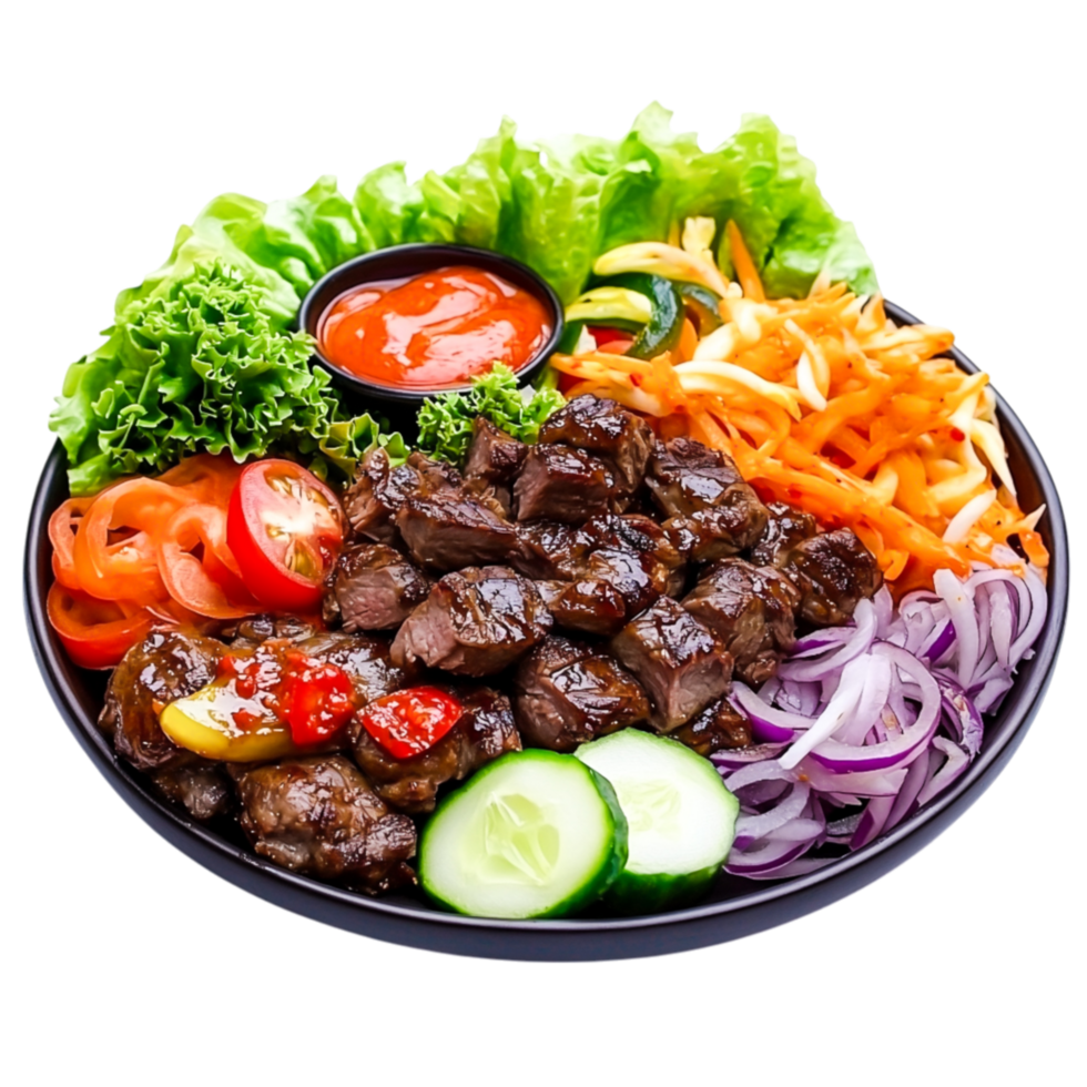 Delicious Grilled Meat Platter with Fresh Vegetables and Dipping Sauce png