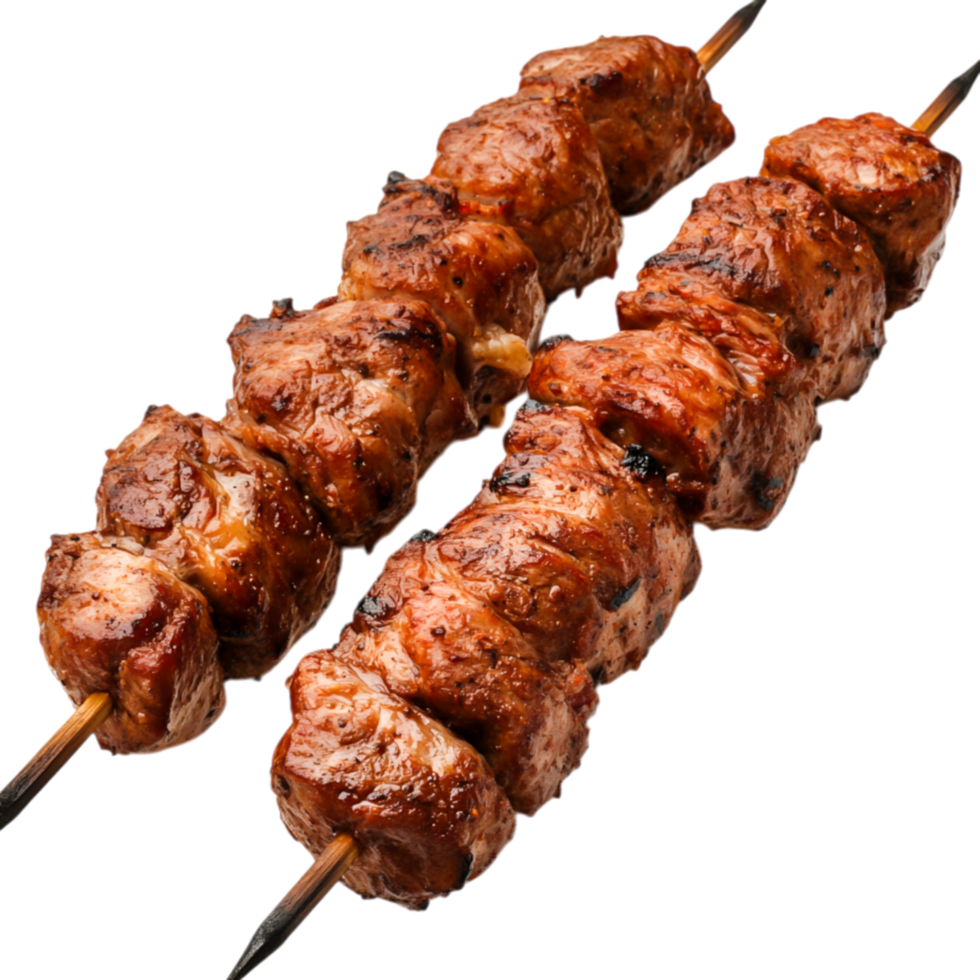 Grilled Meat Skewers with Juicy Tender Pieces on Wooden Skewers png