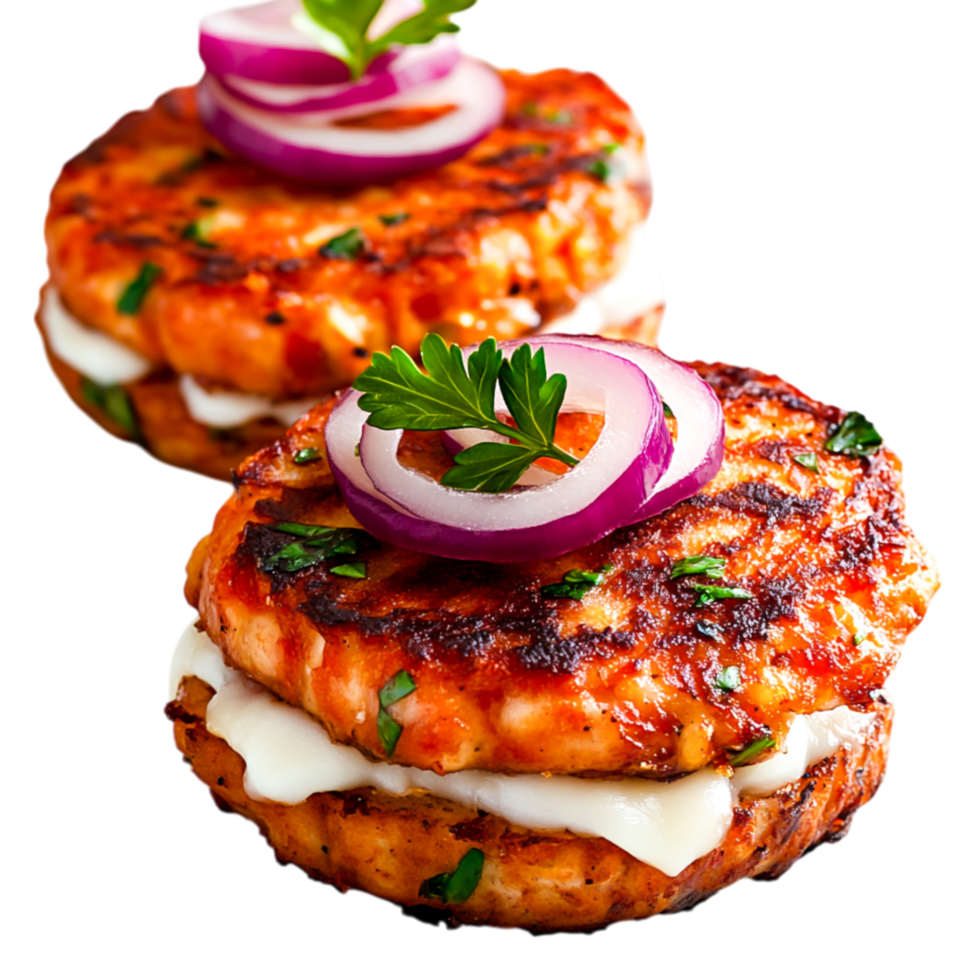 Delicious Grilled Shrimp Patties with Fresh Onions and Creamy Sauce png