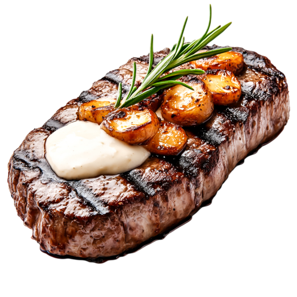 Grilled Steak with Garlic Mashed Potato and Creamy Sauce Garnish png