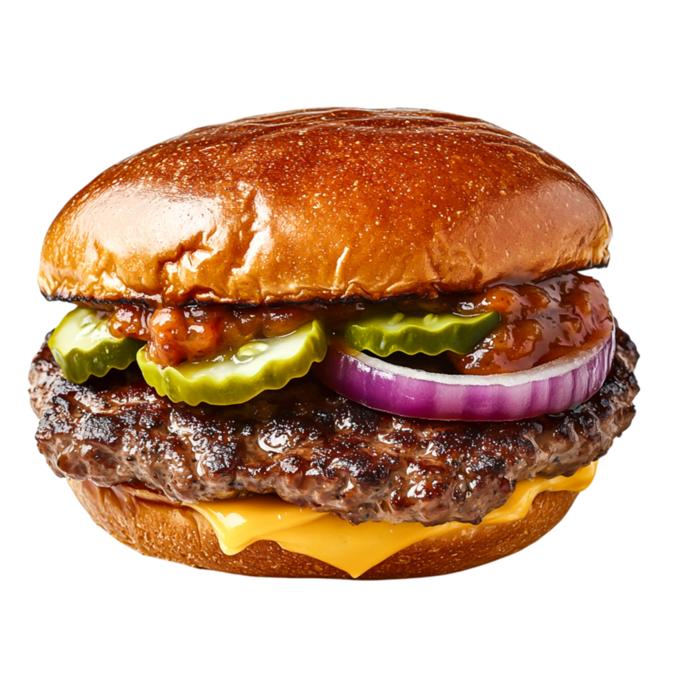 saftig Burger mit Käse, Gurken, Zwiebeln, und Grill Soße Brötchen ...