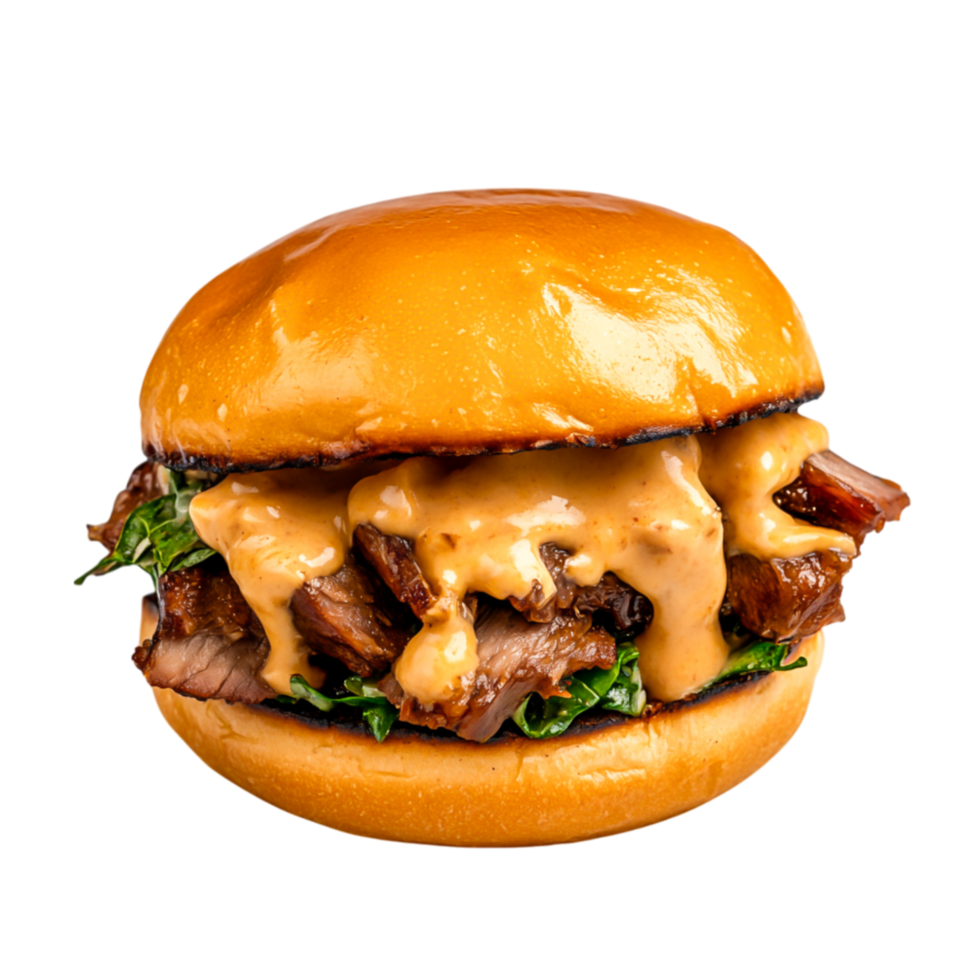 Gourmet Beef Burger with Melted Cheese and Savory Sauce on Fresh Bun png