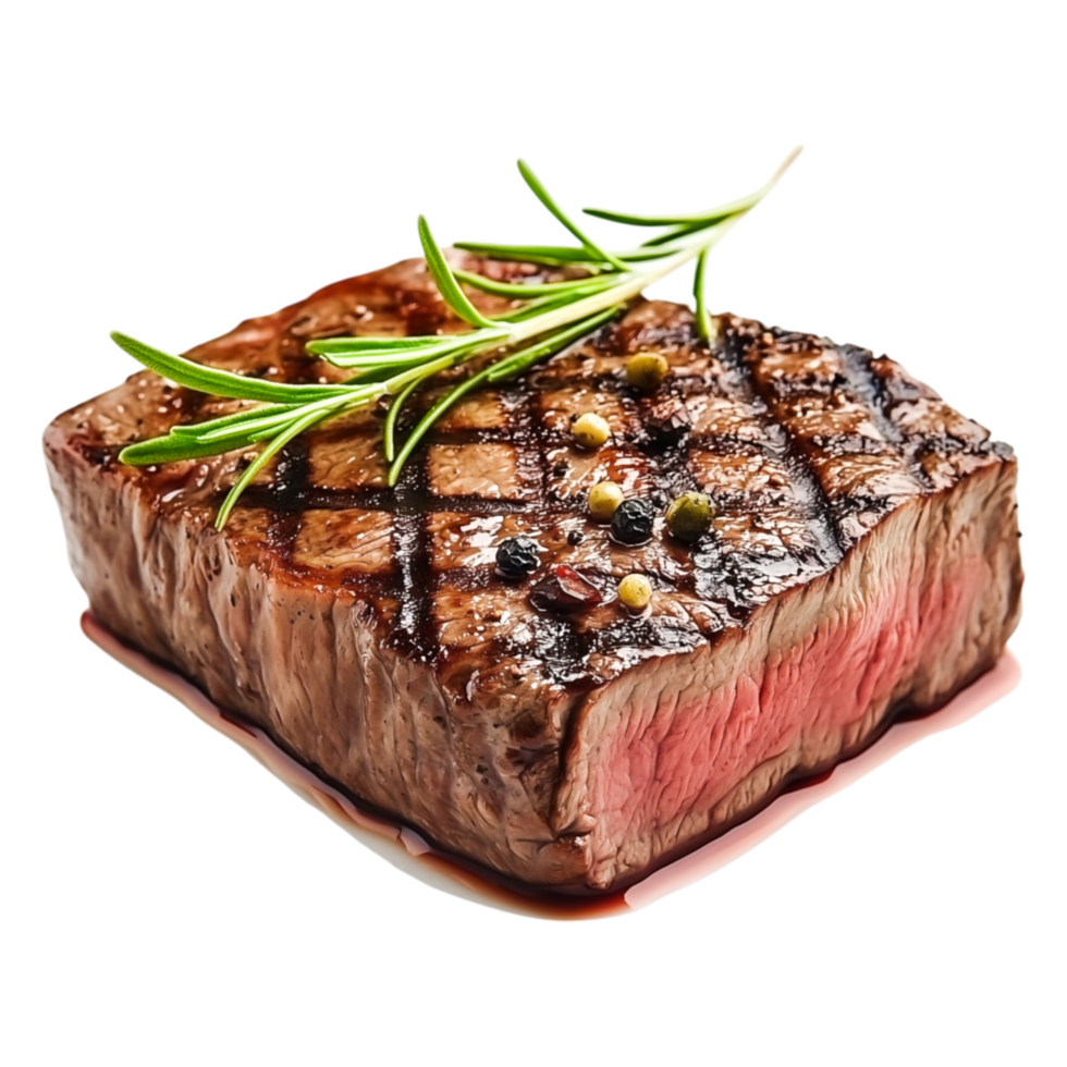 Deliciously Cooked Steak Garnished with Fresh Rosemary and Peppercorns png