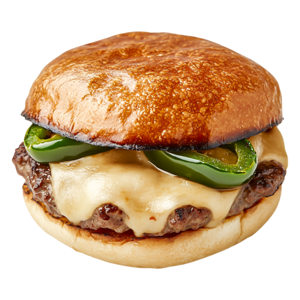Juicy Cheeseburger with Sliced Jalapenos Toasted Bun png