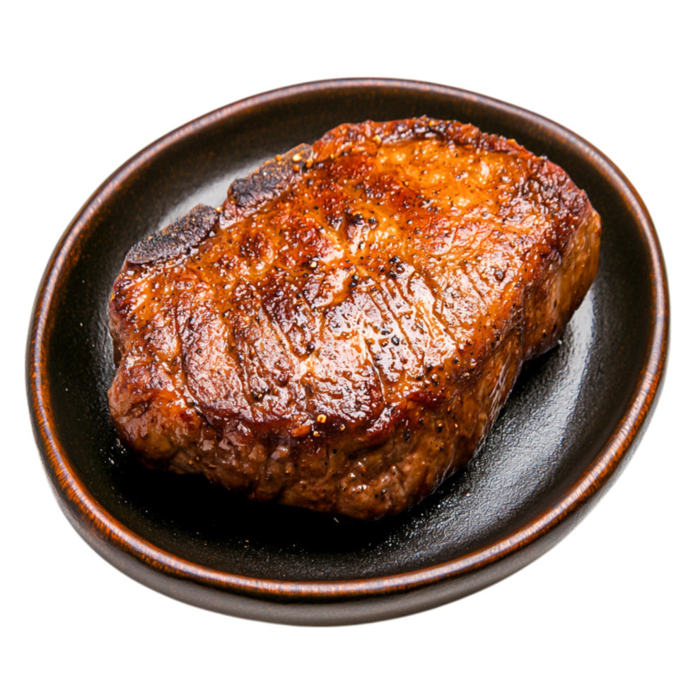 Grilled Perfectly Cooked Steak on Dark Plate with Glazed Finish png