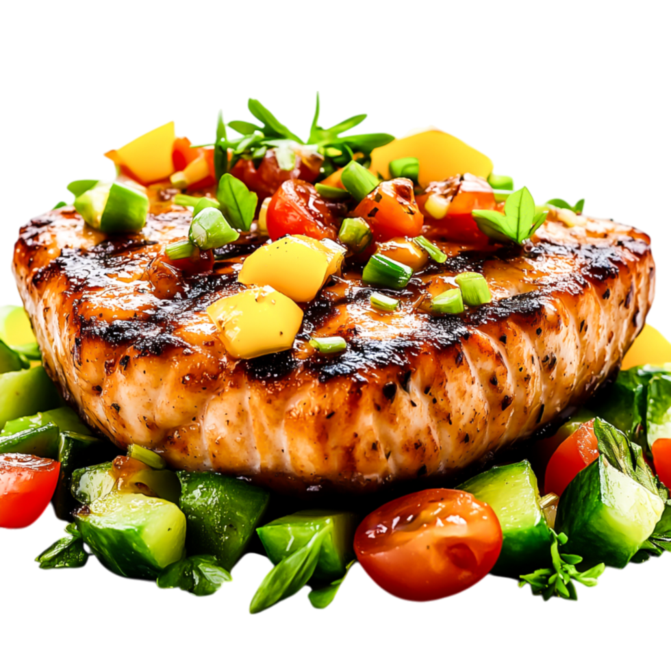 Grilled Salmon Steak with Fresh Vegetables and Mango Salsa Garnish png