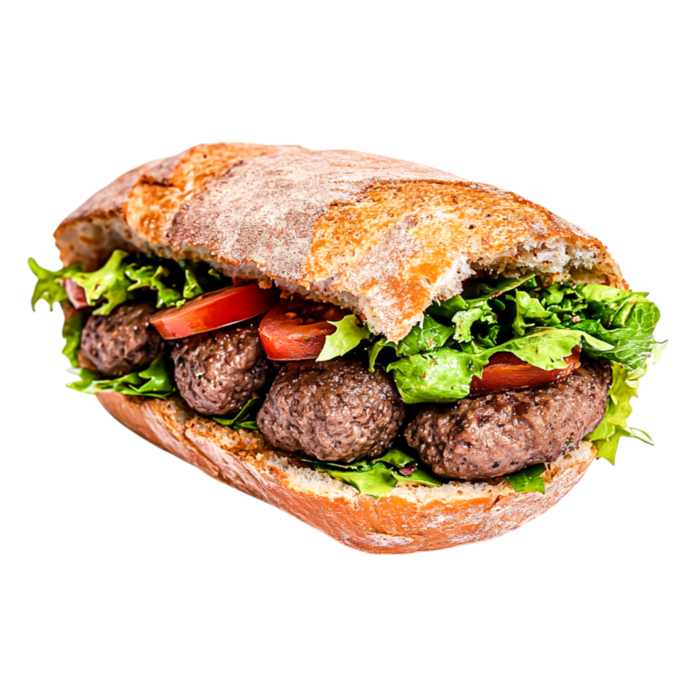 Freshly Made Meatball Sandwich with Green Lettuce and Tomato Slices png