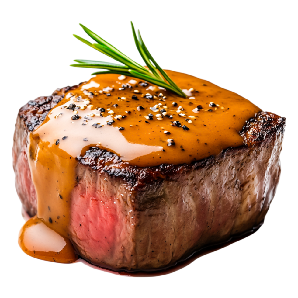 Grilled Steak with Savory Sauce and Fresh Herb Garnish png