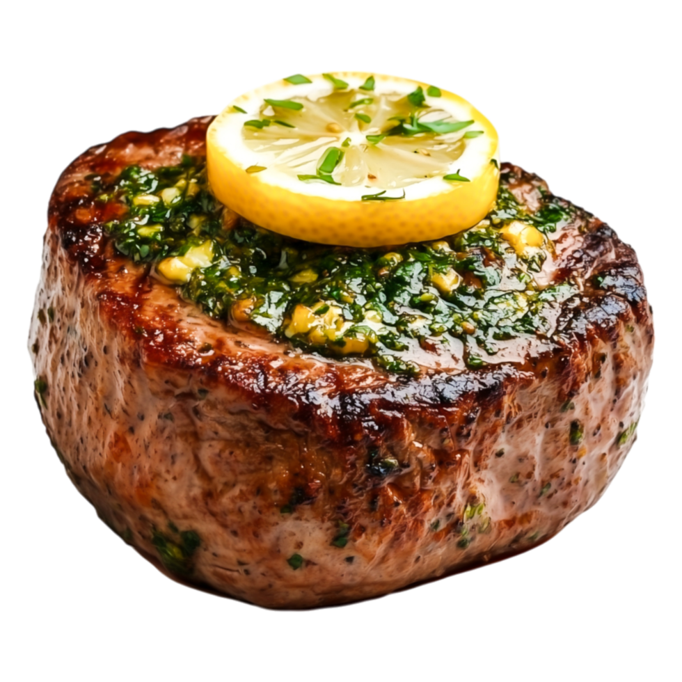 Juicy Grilled Steak with Lemon Garnish and Herb Sauce on png