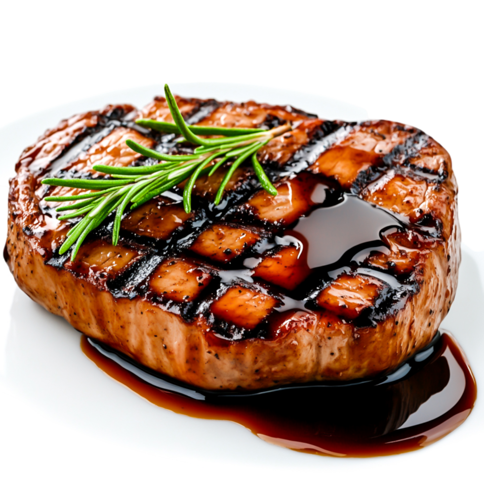 Grilled Steak with Herb Garnish and Glaze on White Plate png