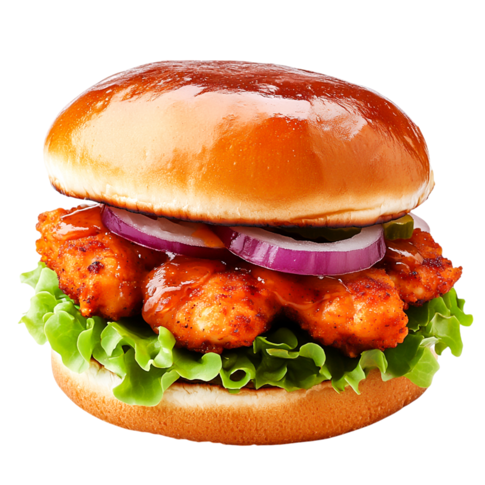 Crispy Chicken Sandwich with Lettuce, Onion, and Barbecue Sauce on Bun png