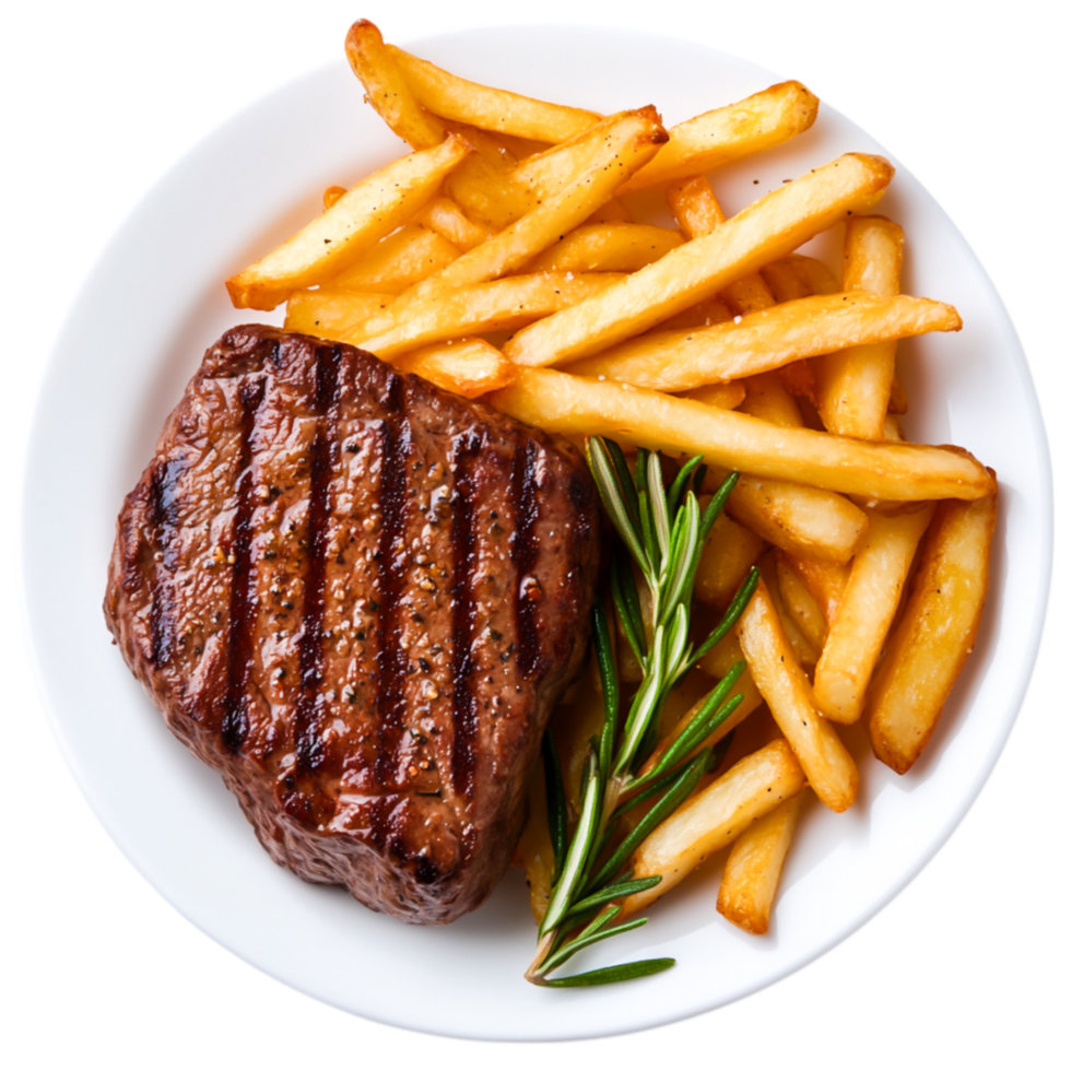 Delicious Grilled Steak with Golden French Fries White Plate png