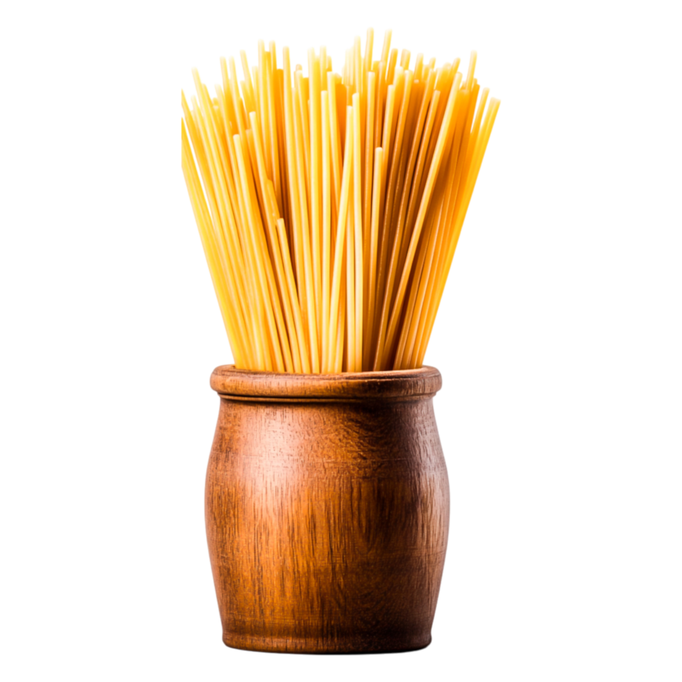 Raw spaghetti sticks in a wooden container png