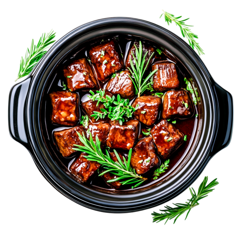 Delicious Beef Stew with Fresh Herbs and Rich Gravy in a Black Pot png