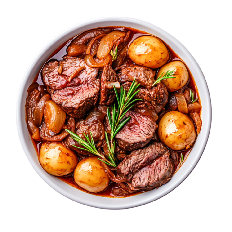 Deliciously Cooked Beef Stew with Potatoes and Fresh Herbs in Bowl png