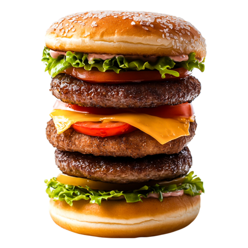 Towering Gourmet Burger Stacked with Fresh Ingredients and Tasty Toppings png