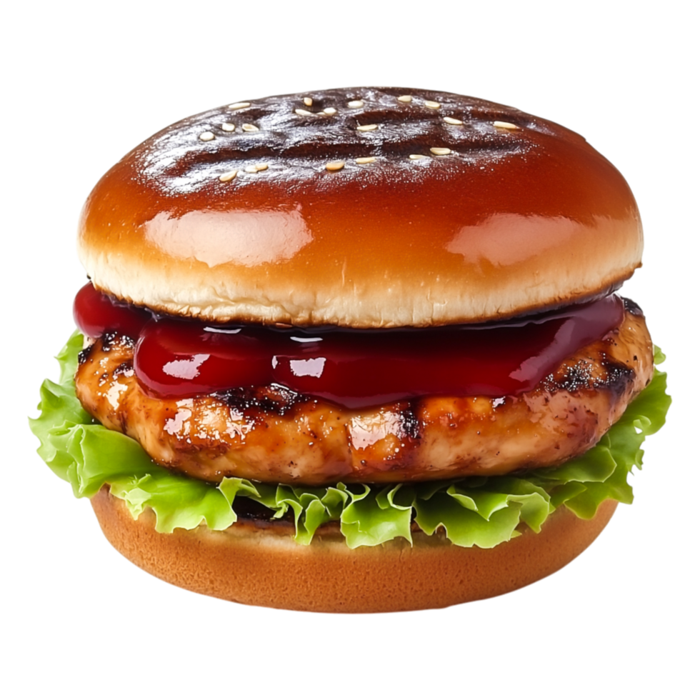 Juicy Grilled Chicken Burger with Fresh Lettuce and Tomato Ketchup png