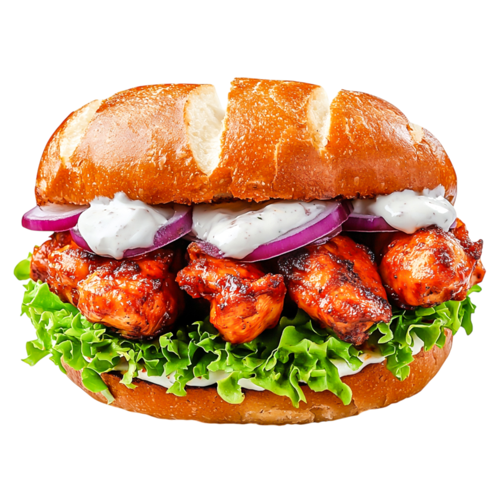Delicious Grilled Chicken Sandwich with Fresh Vegetables and Foamy Sauce png