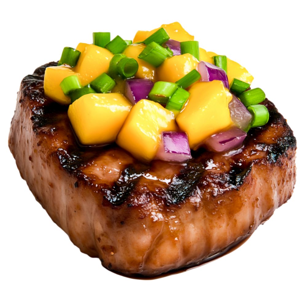 Grilled Salmon Fillet with Mango Salsa and Chopped Scallions Garnish png