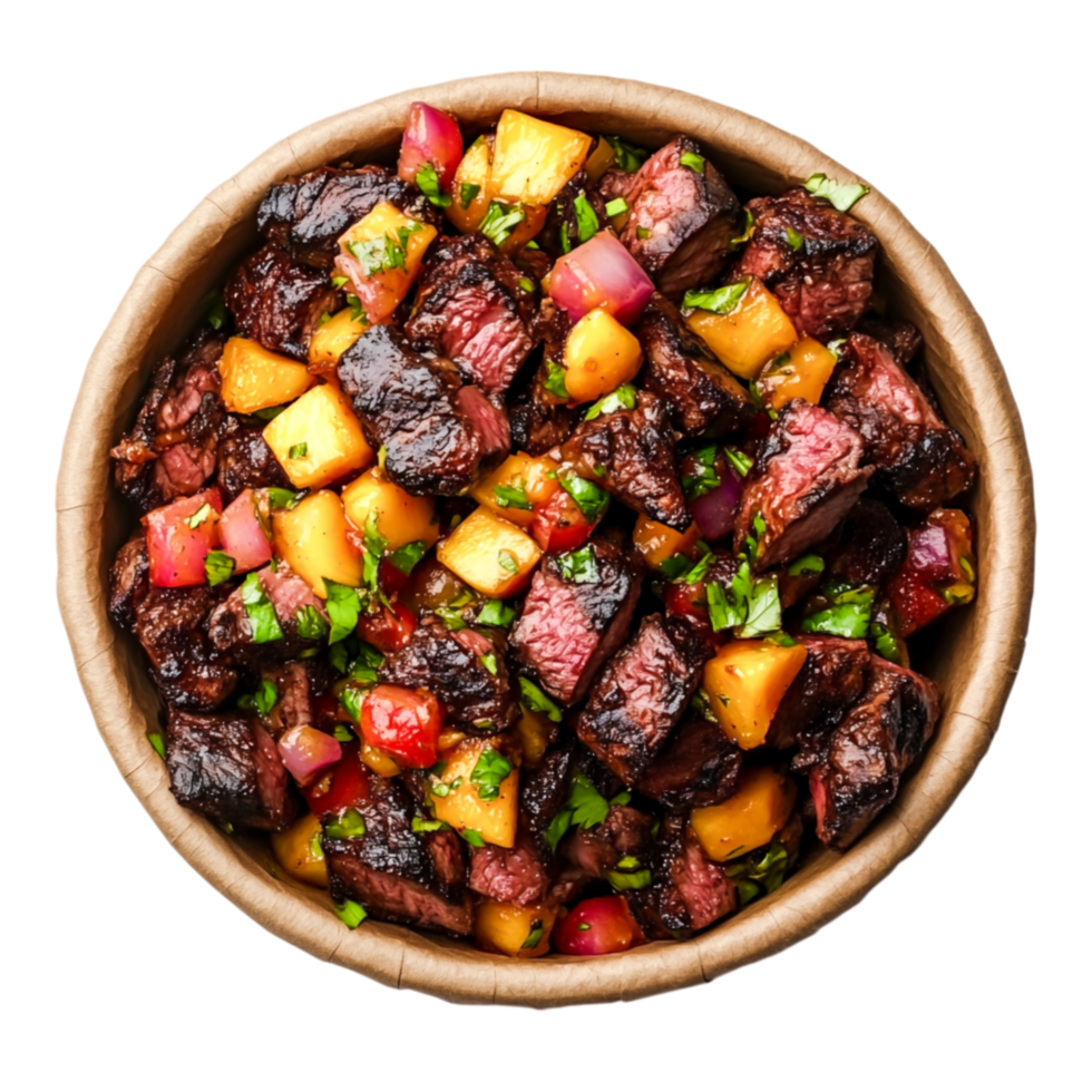 Grilled Steak Cubes with Fresh Pineapple Salsa in a Bowl png