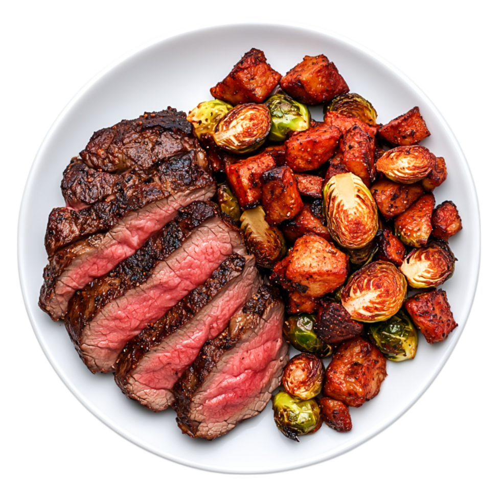 Delicious sliced steak with roasted vegetables white plate png